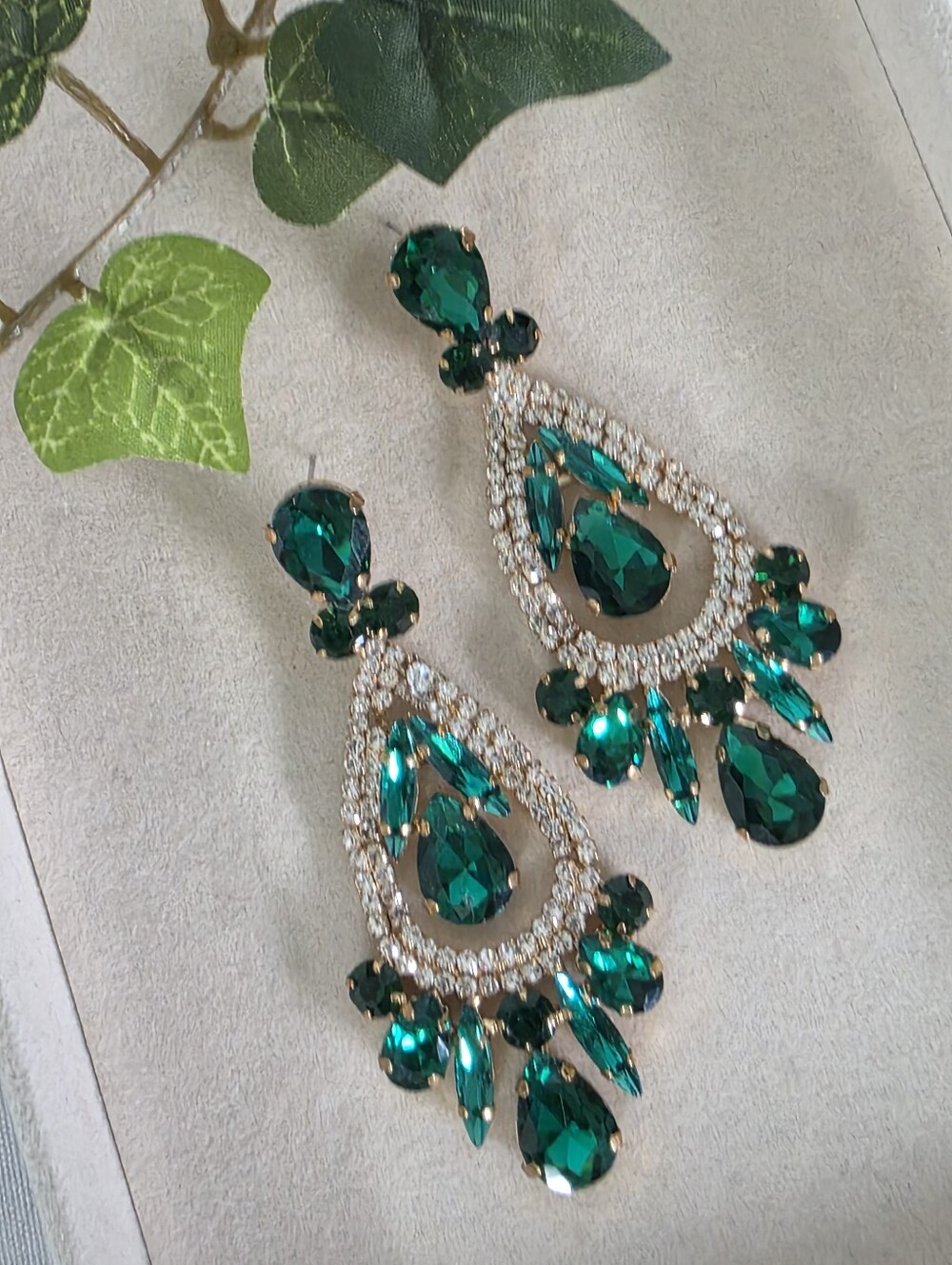 Emerald Green Teardrop Chandelier Earrings Statement Rhinestone Glam